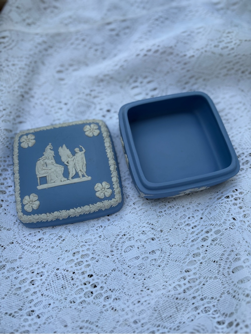 Vintage Wedgwood Blue Jasperware Square Trinket Jewelry Box Made in England